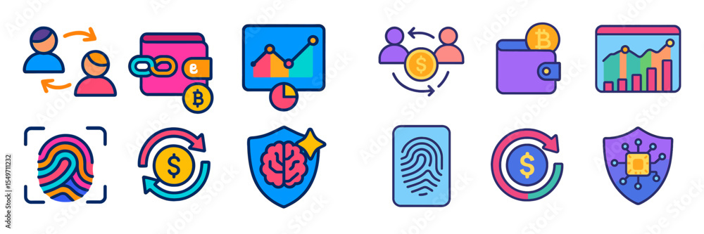 Poster Digital currency icons representing transactions, finances, and security in various styles and colors for modern technology