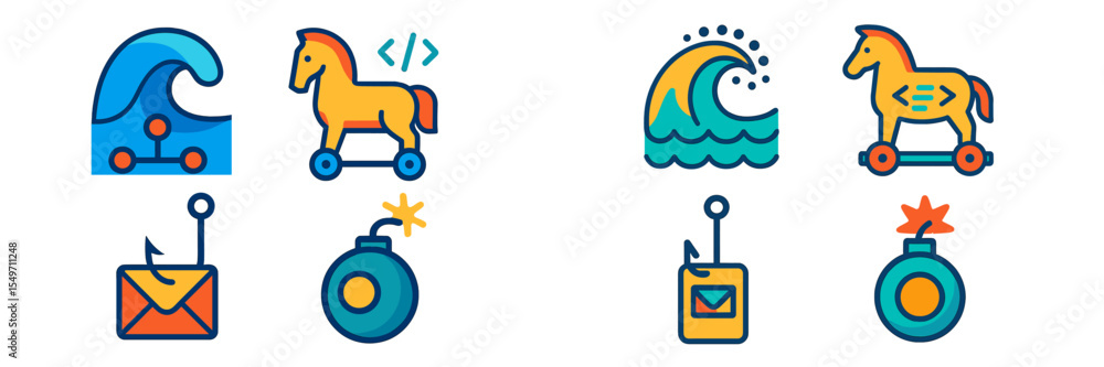 Poster Design elements showcasing icons of waves, horses, and explosives in a vibrant color scheme for creative projects
