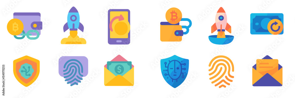 Poster digital cryptocurrency icons representing transactions, wallets, and security measures for online fi