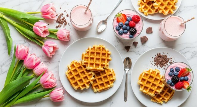 Photo of a delightful breakfast scene featuring waffles, yogurt parfaits with berries, pink smoothies, and a bouquet of pink tulips - Powered by Adobe