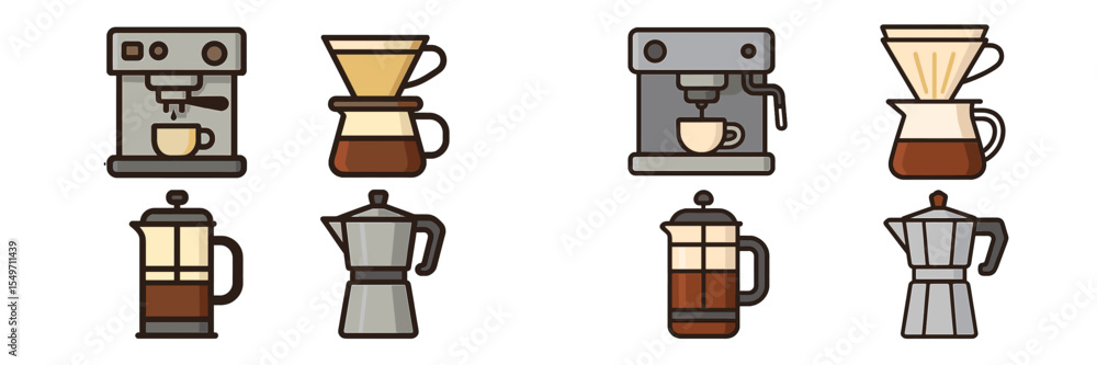 Aufkleber Different coffee brewing methods displayed in a minimalistic style with various equipment and prepared coffee cups