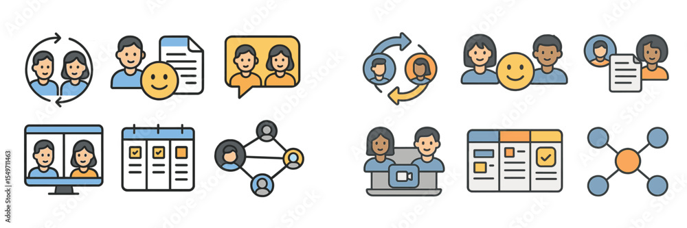 Aufkleber Visual representation of teamwork and collaboration concepts with diverse characters engaging in various activities