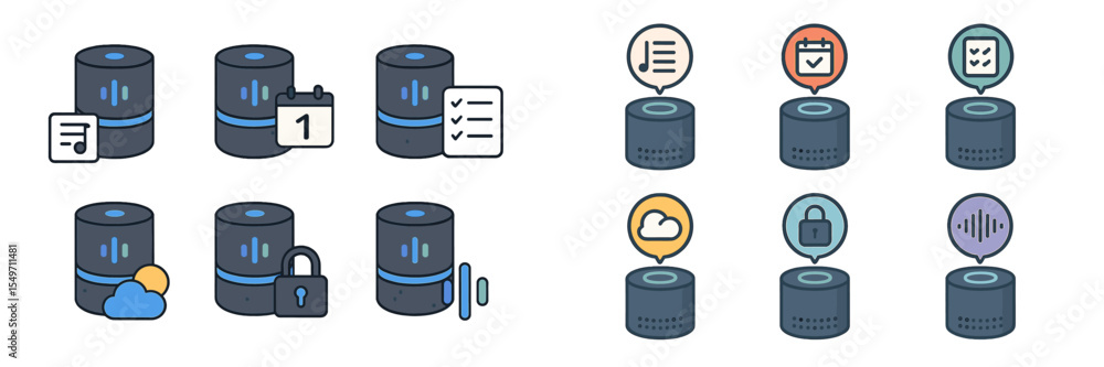 Poster Smart speaker icons representing various features and functionalities within a digital ecosystem for voice interaction and smart home management
