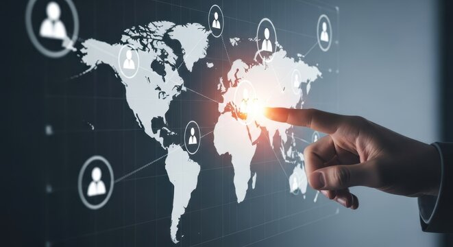 Photo of a hand touches a screen displaying a world map with interconnected people icons