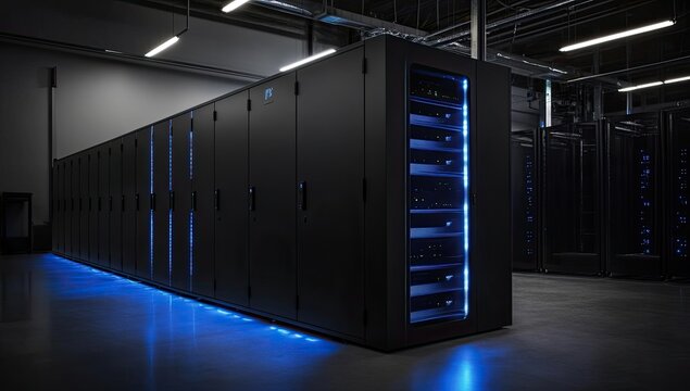 dark data center with rows of large black server cabinets illuminated by blue lights.