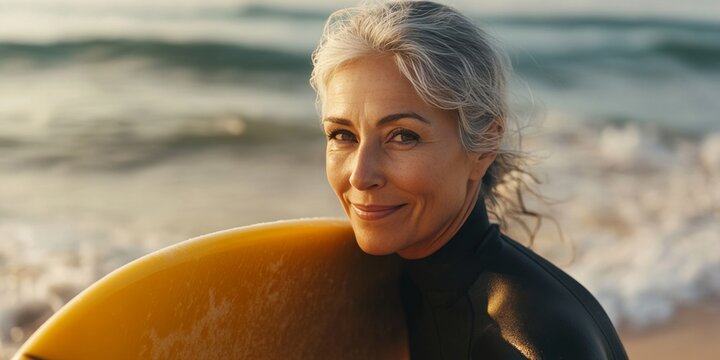 Mature woman with grey hair, wearing wetsuit and smiling at the camera while holding a surfboard.
