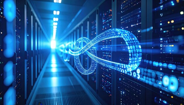 Futuristic Data Center Corridor With Infinity Symbol - Powered by Adobe