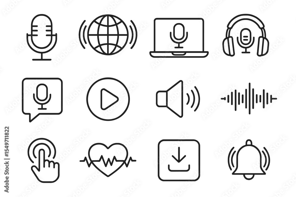 Poster icons depicting audio and communication elements in a digital design layout showcasing modern techno