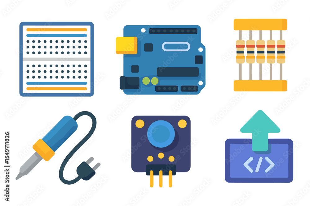 Poster Colorful icons representing electronic components and coding tools in an educational context