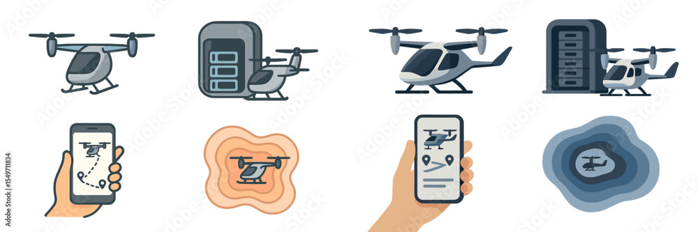 Poster helicopter service app showcases various functionalities and features for users in urban settings
