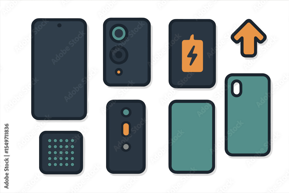 Poster Various smartphone components and icons arranged in a modern design showcasing essential features and functionalities