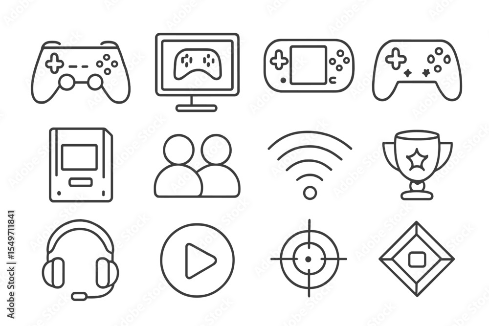 Aufkleber various gaming elements and icons displayed in a simple layout showcasing controllers, screens, and 