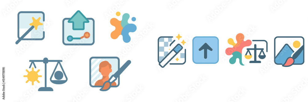 Poster colorful digital icons representing creative tools and design elements for graphic design applicatio