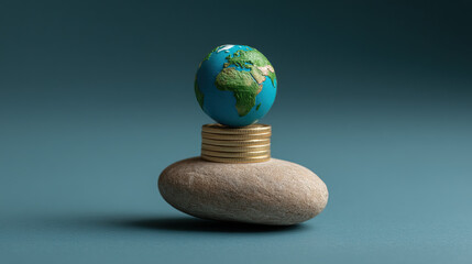 Earth coin stack stone balance sustainability finance environment global economy concept stability green investment nature saving growth wealth planet ecological business conservation future