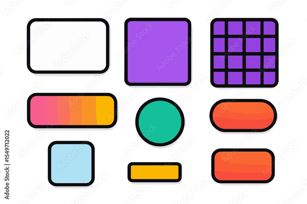 Poster Colorful geometric shapes in various sizes and arrangements on a clean, white background for design projects and creative use
