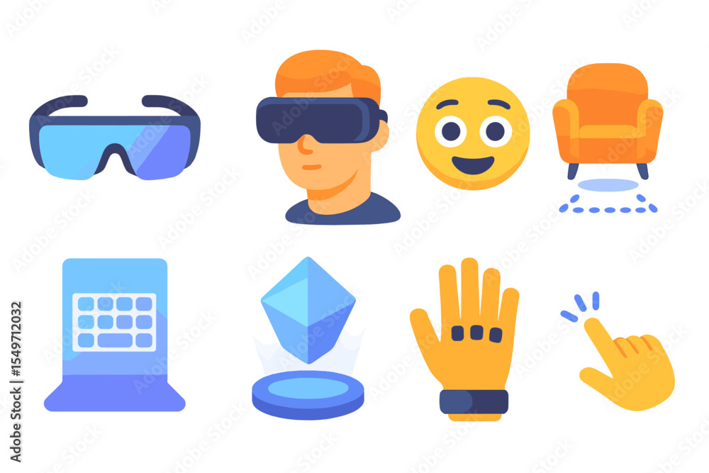 Poster innovative virtual reality tools and elements for immersive experiences featuring diverse interactio