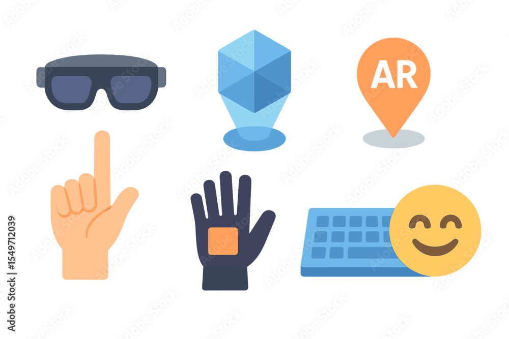 Poster technology elements representing augmented reality with glasses, hand, glove, and keyboard