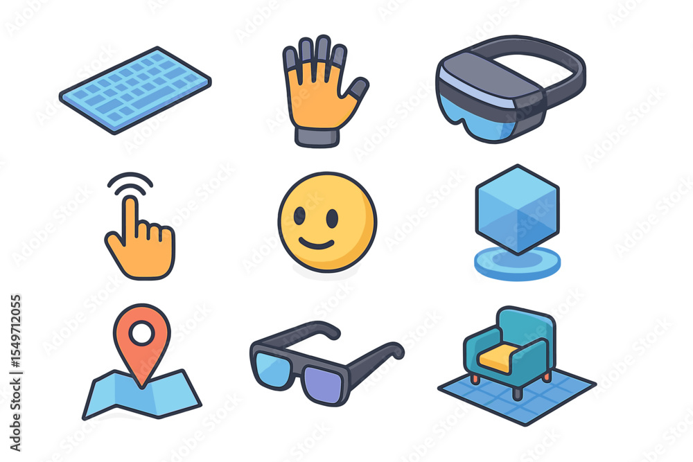 Poster Modern technology icons representing digital interaction and virtual reality experiences in a minimalist design