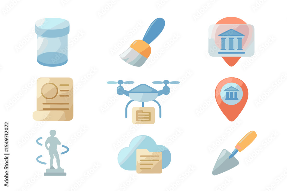 Poster Colorful icons representing various concepts like administration, science, and construction, displayed in a grid layout