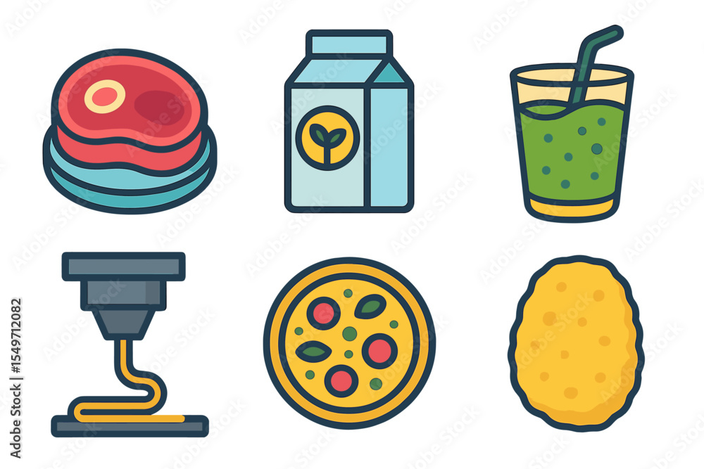 Poster colorful collection of food and beverage icons representing various culinary elements and cooking me