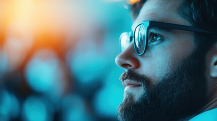 A thoughtful young man wearing glasses gazes into the distance, embodying introspection and contemplation, perfect for themes related to knowledge and reflection.