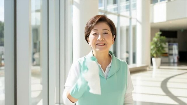 明るい笑顔で窓を清掃するシニア女性スタッフ