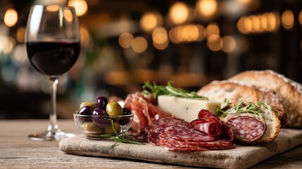 Artisan charcuterie board with mixed olives on a softly blurred wine cellar background under perfect lighting