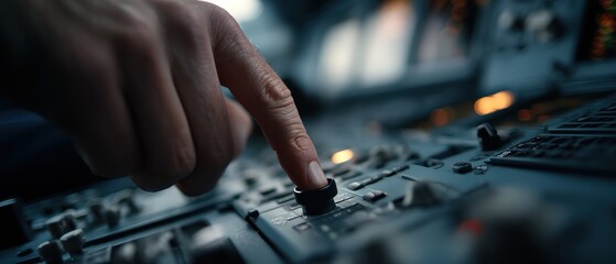 Fototapeta premium Closeup of adult mans hand operating flight controls in airplane cockpit Concept of aviation, pilot, technology, and transportation