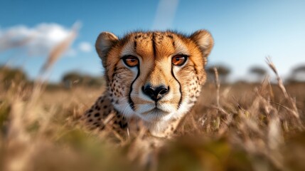 A striking close-up of a cheetah’s face peering through the tall grass, showcasing its powerful gaze and the beauty of wildlife in its natural habitat.