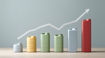 Colorful plastic containers arranged in ascending order with upward arrow graph, symbolizing growth, progress, and increasing demand in oil or chemical industry