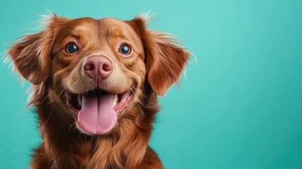 This vibrant image captures a joyful dog with a beaming expression, reflecting happiness and companionship against a bright turquoise background, celebrating pet love and joy.