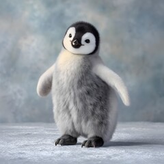 A cute baby penguin, rendered in a 3D digital art style, stands proudly on a snowy surface with soft lighting emphasizing its fluffy feathers, a charming creation.