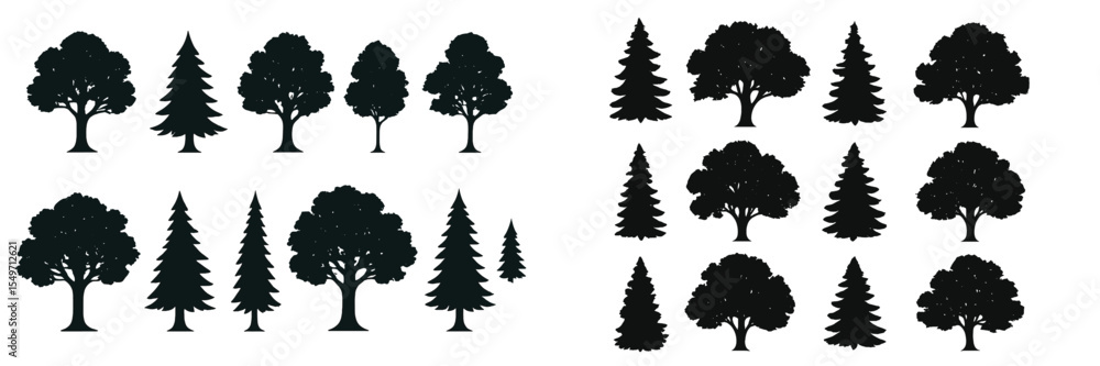 Aufkleber Collection of silhouette trees in various shapes and sizes arranged in a modern graphic design