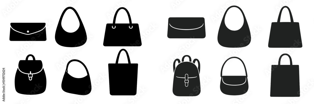 Poster collection of stylish bag designs featuring various shapes and sizes displayed on a minimalist backg