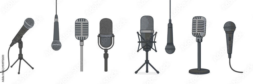 Aufkleber Different types of microphones displayed in a row for audio recording and broadcasting purposes