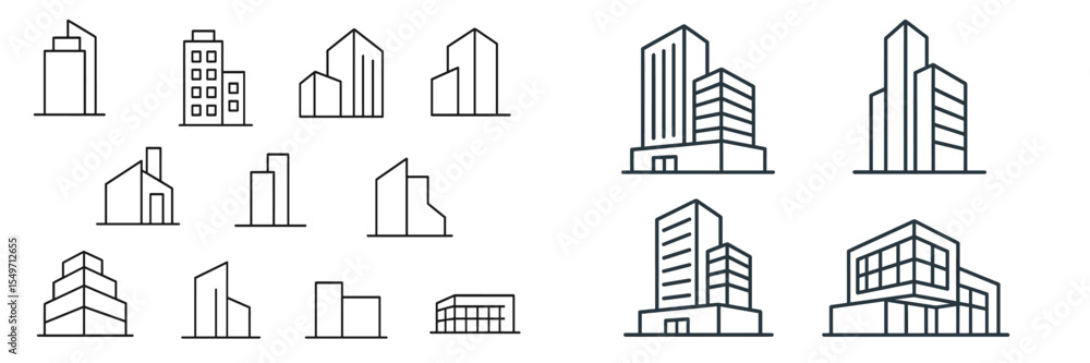 Poster Various architectural sketches showcasing modern building designs in a minimalistic style