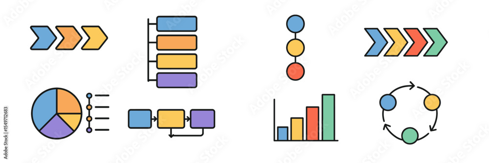 Poster Colorful graphic elements representing data visualization and process flow used for presentations in a corporate environment