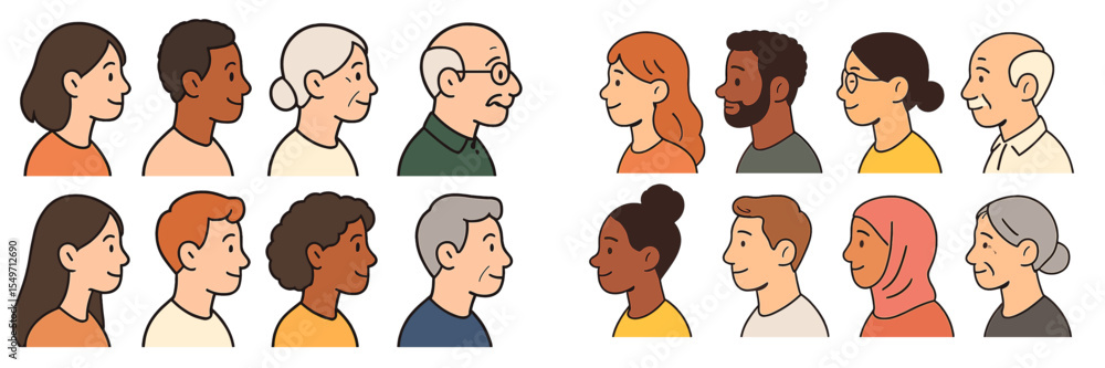 Poster diverse group of individuals each showcasing unique features and styles in a side profile illustrati