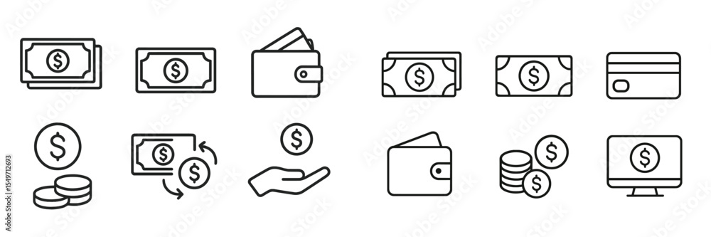 Poster Visual representation of financial transactions featuring currency notes, coins, and wallets on a plain background