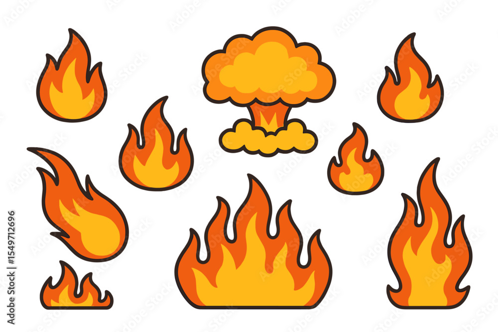 Poster various flame and explosion illustrations with vibrant colors and distinct shapes