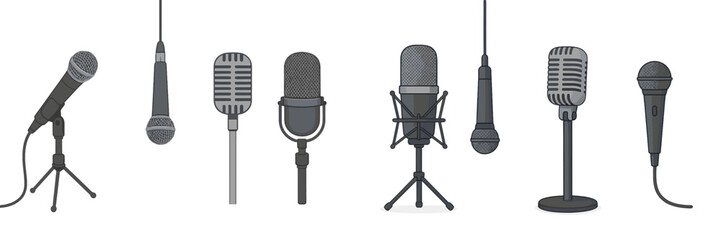 Obraz na płótnie Canvas Different types of microphones displayed in a row for audio recording and broadcasting purposes