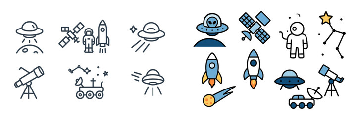 Exploring space themes with various spacecraft, astronauts, and celestial objects in a vibrant illustration