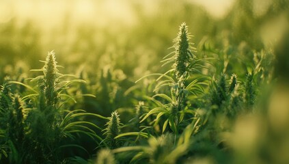 Lush green cannabis plants bathed in golden sunlight