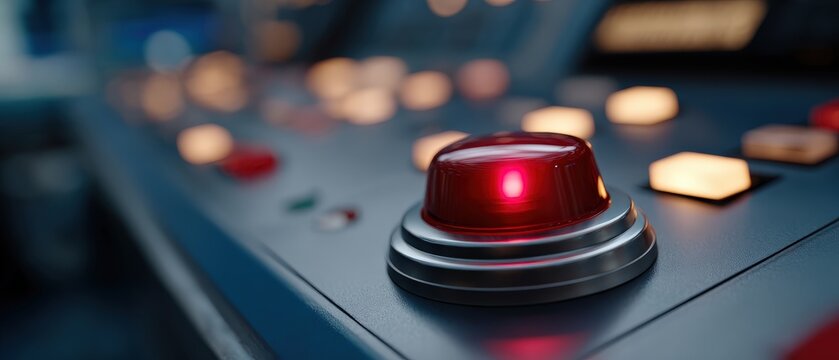Closeup of a glowing red emergency button on a control panel with illuminated buttons, representing urgency, alert, and immediate action in a crisis situation