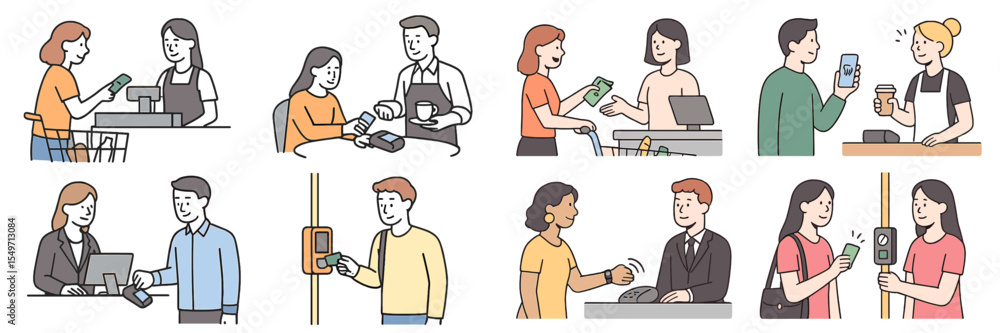 Aufkleber modern payment methods used by various shoppers and service staff in everyday transactions at stores