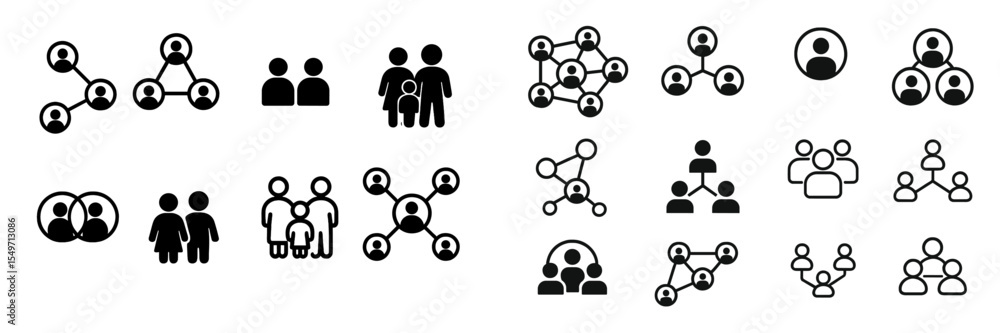 Poster Collections of diverse community and social connection icons representing family, friendship, and networking concepts for graphic design use
