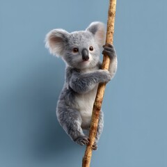 A charming 3D digital art piece showcases a cute koala climbing a branch, rendered in full body with exceptional detail and a soft, inviting color palette.