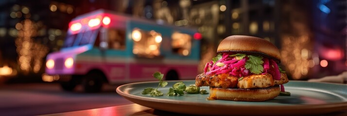 Spicy chicken burger topped with citrus slaw and cilantro garnish showcased on a ceramic plate with a softly blurred urban food-truck scene under vibrant spotlight