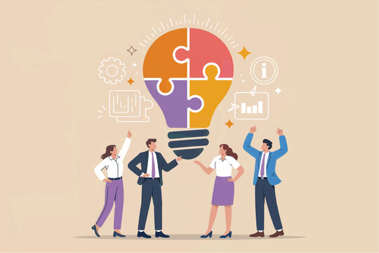 Teamwork and innovation a lightbulb puzzle with business icons isolated on transparent background