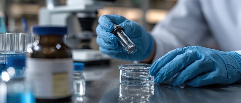 Adult scientist in lab coat holding vial and beaker in laboratory Concept of medical research, pharmaceutical development, and scientific discovery